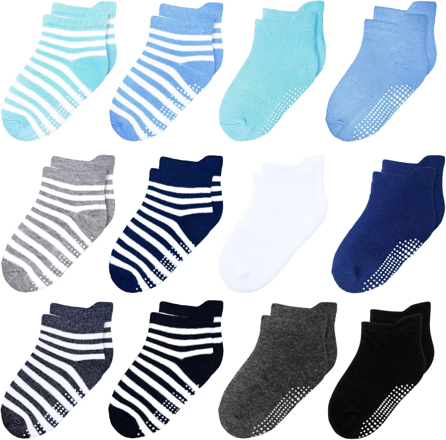 12 Pack Non Slip Kids Toddler Baby Socks with Grips 1-7 Years Boys Girls Cotton Ankle Socks Multi Colors