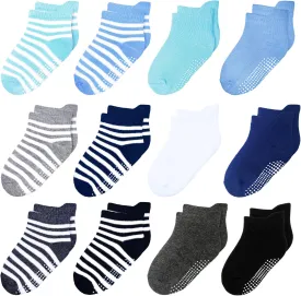 12 Pack Non Slip Kids Toddler Baby Socks with Grips 1-7 Years Boys Girls Cotton Ankle Socks Multi Colors