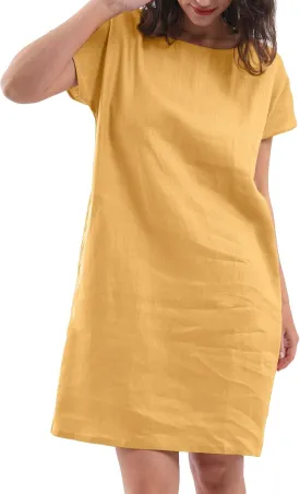 Amazhiyu Women's 100% Linen Summer Casual Crew Neck Midi Dresses with Pockets