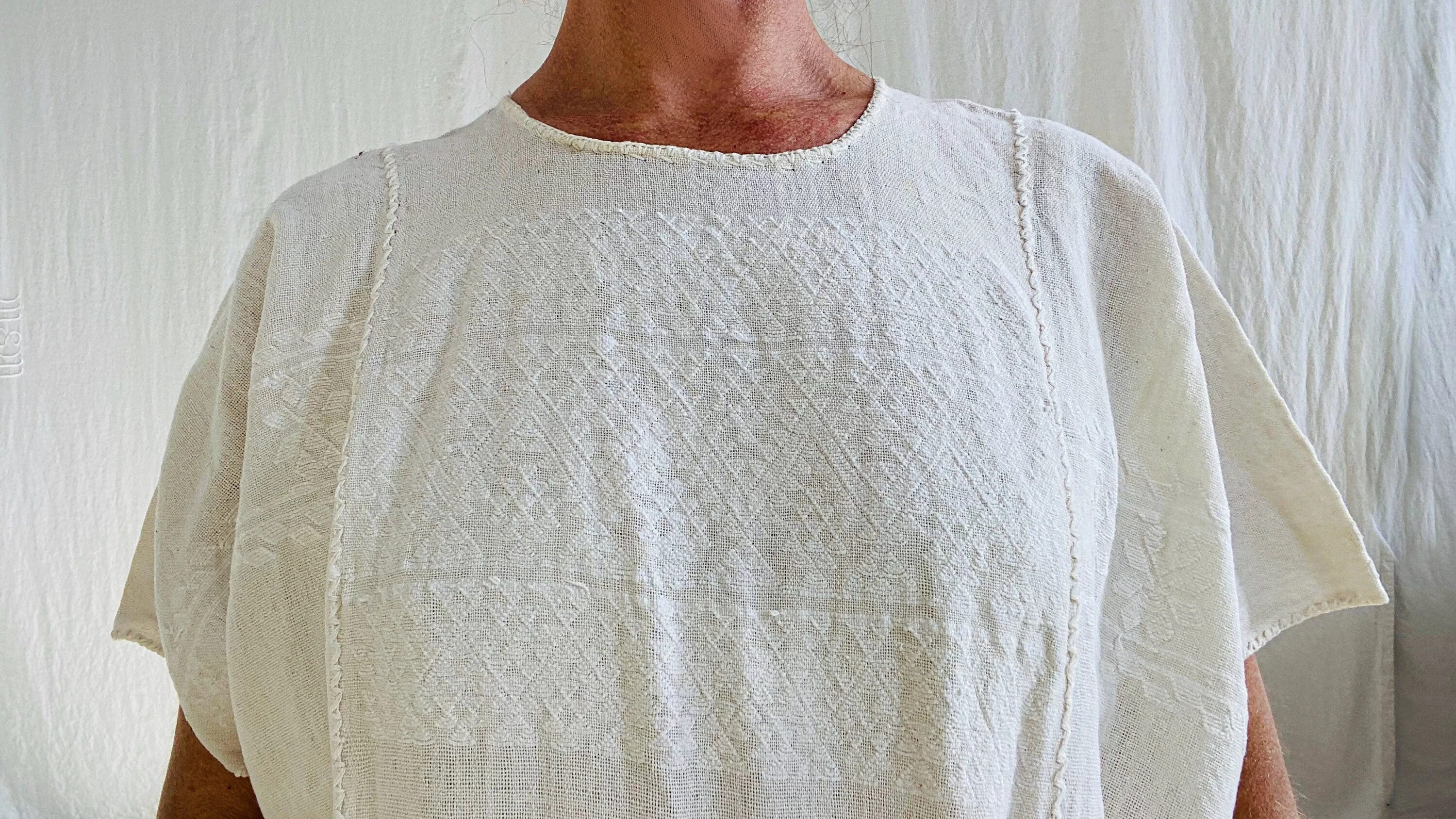 Amuzgo Huipil Dress. White-on-White. Hand-Woven. Guerrero, Mexico.