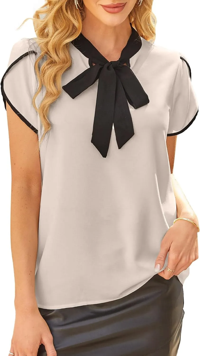 Avanova Women Bow Tie Neck Short Petal Sleeve Blouse Shirts Work Business Tops