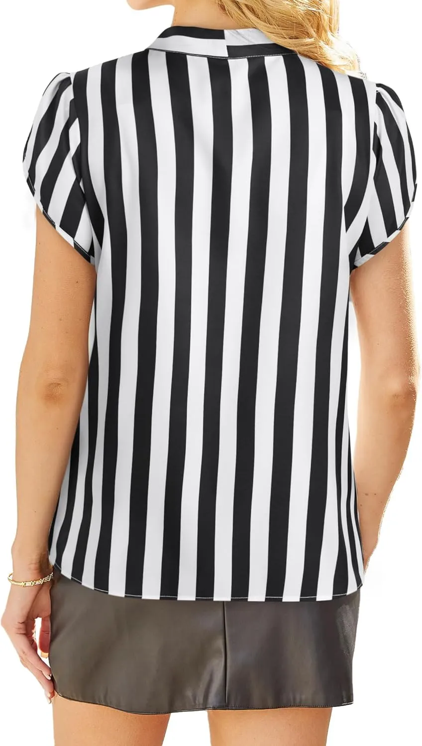 Avanova Women Bow Tie Neck Short Petal Sleeve Blouse Shirts Work Business Tops