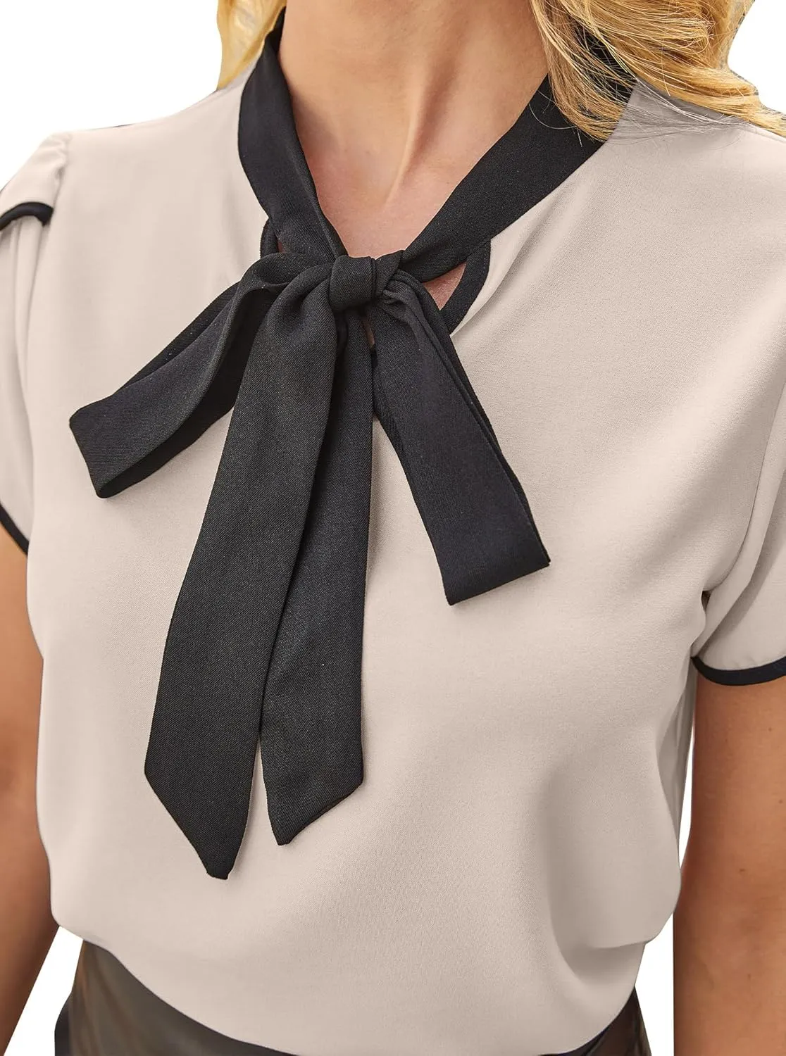 Avanova Women Bow Tie Neck Short Petal Sleeve Blouse Shirts Work Business Tops
