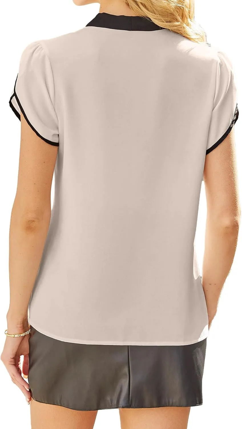 Avanova Women Bow Tie Neck Short Petal Sleeve Blouse Shirts Work Business Tops