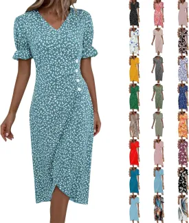Beach Dresses for Women,2025 Spring Trendy Floral Boho Dress,Elegant V Neck Short Sleeve Irregular Hem Midi Dress