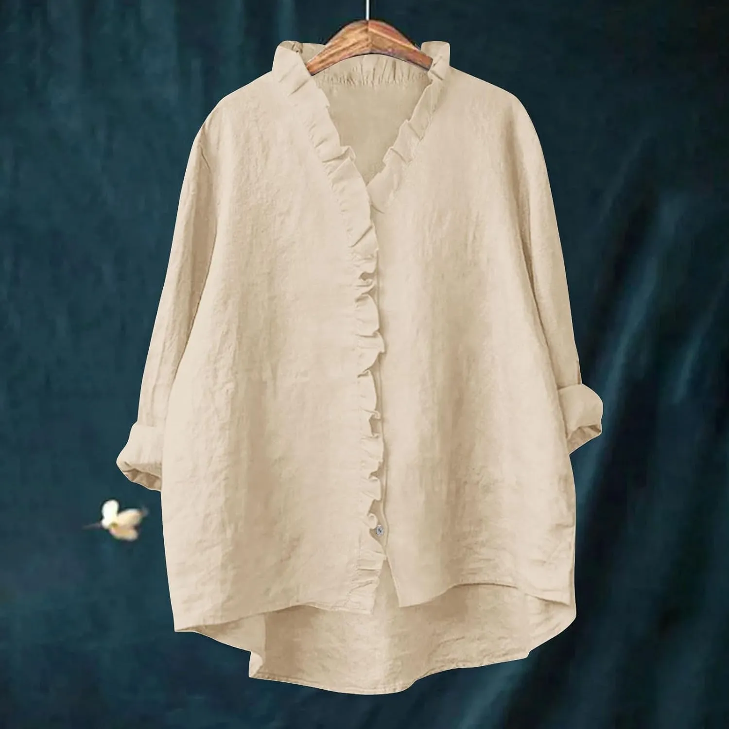 Button Down Shirt for Women Dressy Casual Cotton Linen 3/4 Sleeve Hi-Low Hem Blouse Ruffle Trim V Neck Summer Beach Tops