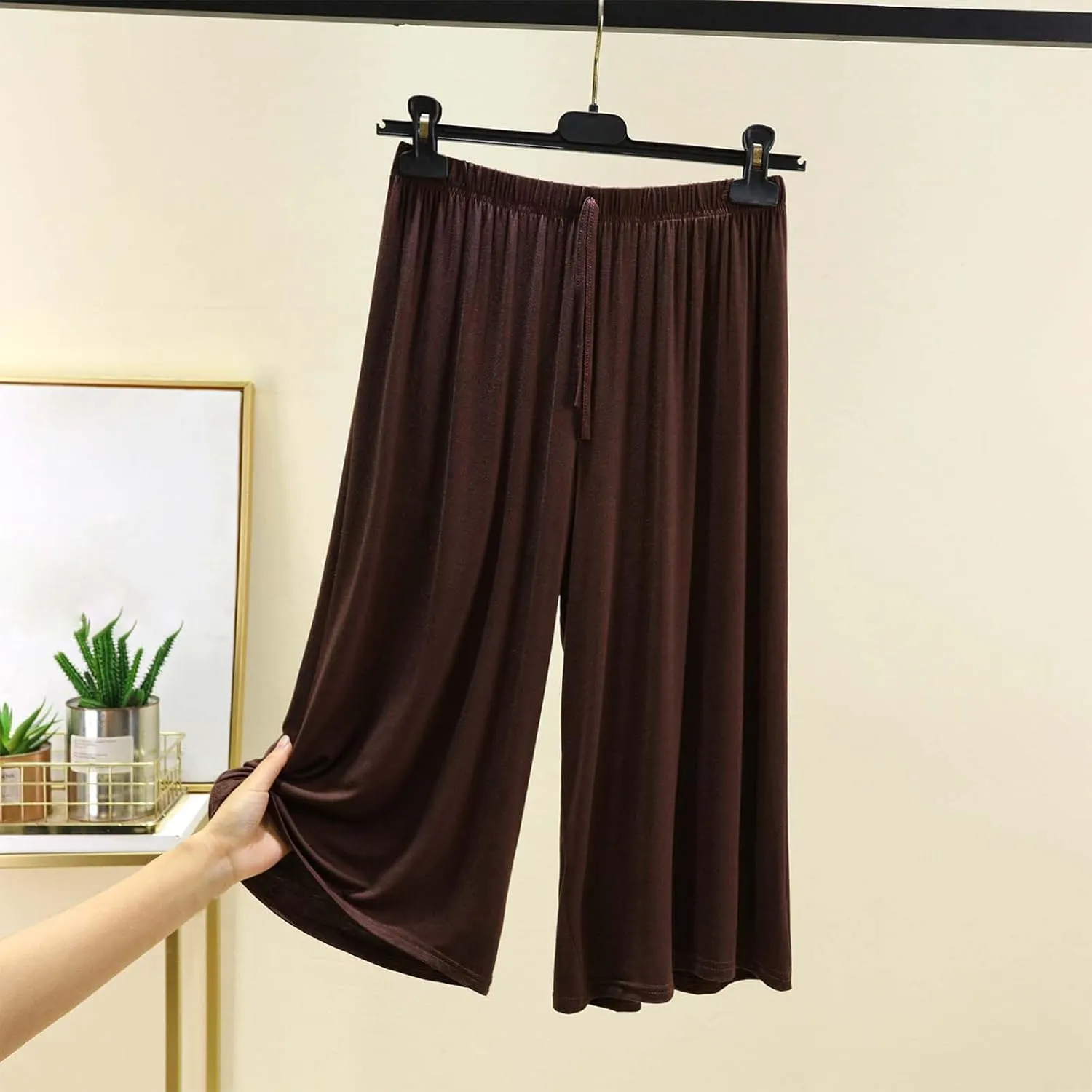 BZGTZT Women Wide Leg Palazzo Capri Pants Elastic Waist Drawstring Cropped Casual Joggers Lightweight Straight Trouser