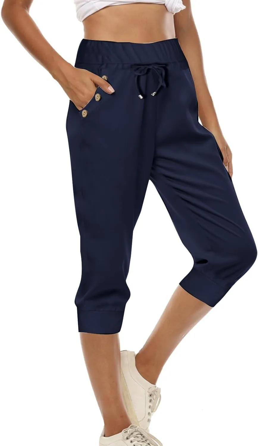Capri Joggers Womens Fashion 2025 Trendy Elastic Drawstring High Waisted Capris Casual Summer Stretch Active Pants