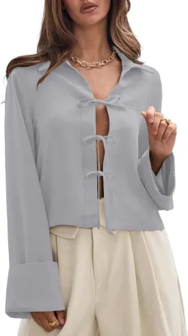 EVALESS Womens Blouses Cute Long Sleeve Bow Tie Front Shirts Going Out Tops Spring Summer Outfits Trendy 2025
