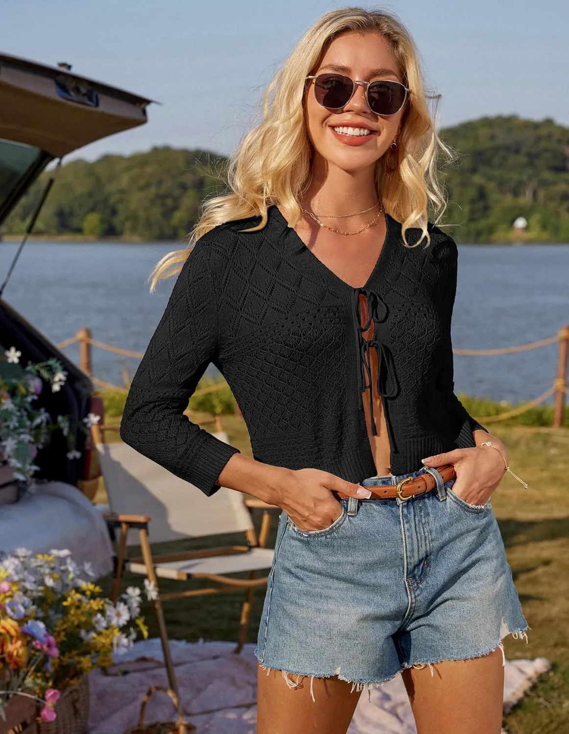 GRACE KARIN Tie Front Cardigan for Women Lightweight 3/4 Sleeve 2025 Summer Crochet Knit Bolero Shrug Sweater Top