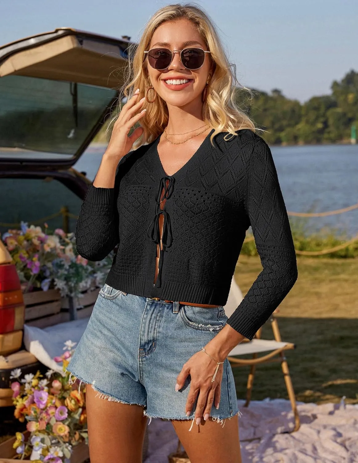 GRACE KARIN Tie Front Cardigan for Women Lightweight 3/4 Sleeve 2025 Summer Crochet Knit Bolero Shrug Sweater Top