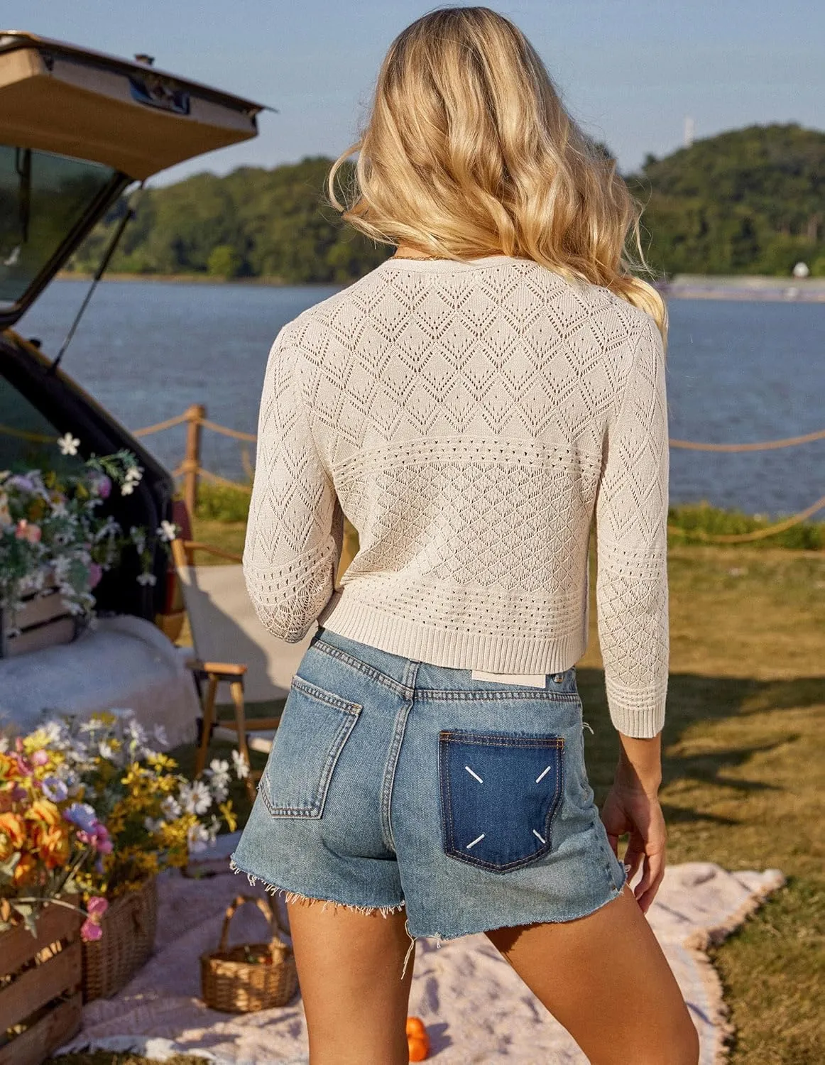 GRACE KARIN Tie Front Cardigan for Women Lightweight 3/4 Sleeve 2025 Summer Crochet Knit Bolero Shrug Sweater Top
