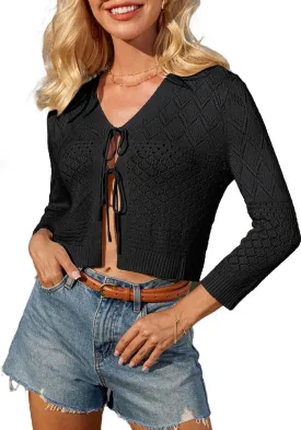 GRACE KARIN Tie Front Cardigan for Women Lightweight 3/4 Sleeve 2025 Summer Crochet Knit Bolero Shrug Sweater Top