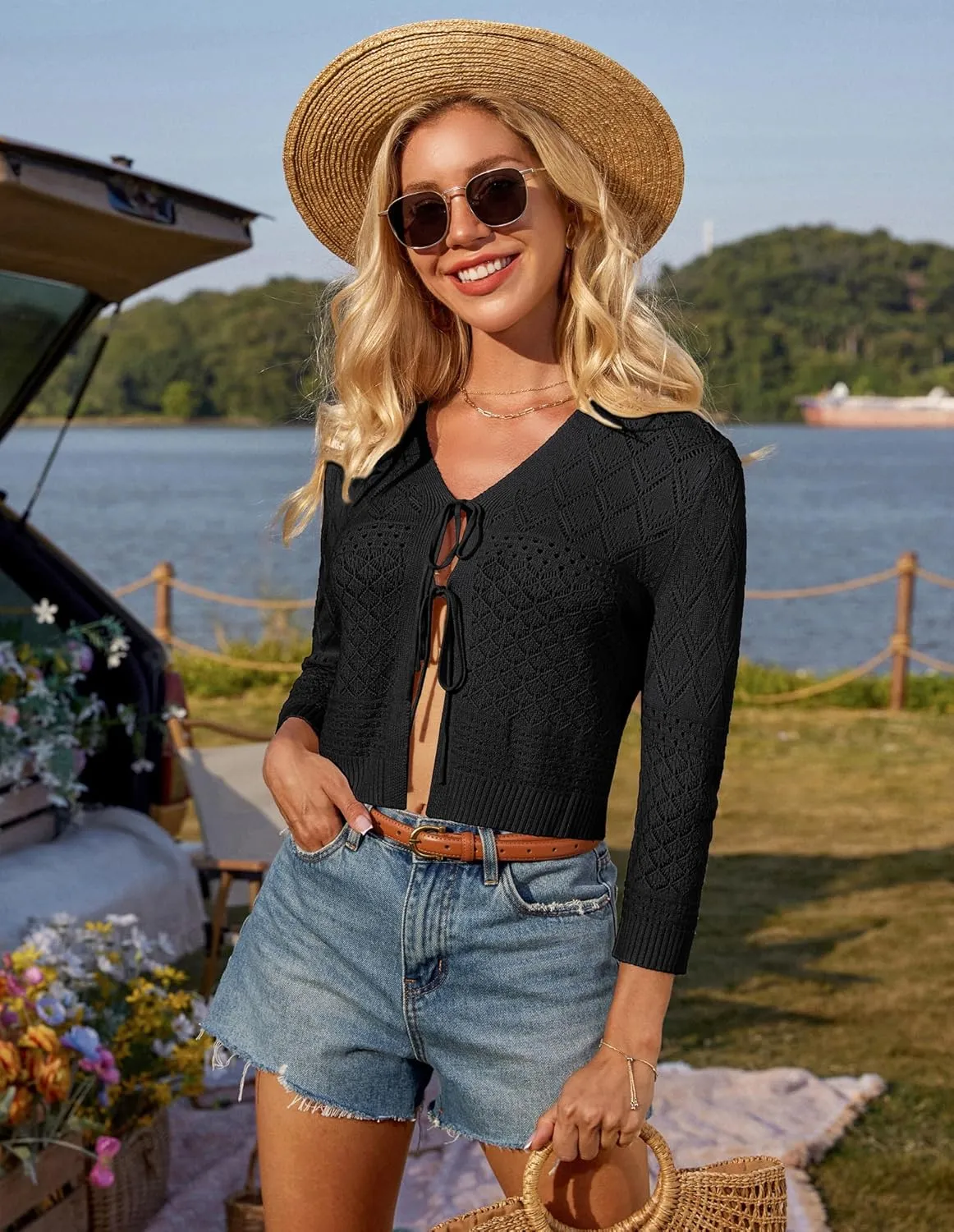 GRACE KARIN Tie Front Cardigan for Women Lightweight 3/4 Sleeve 2025 Summer Crochet Knit Bolero Shrug Sweater Top