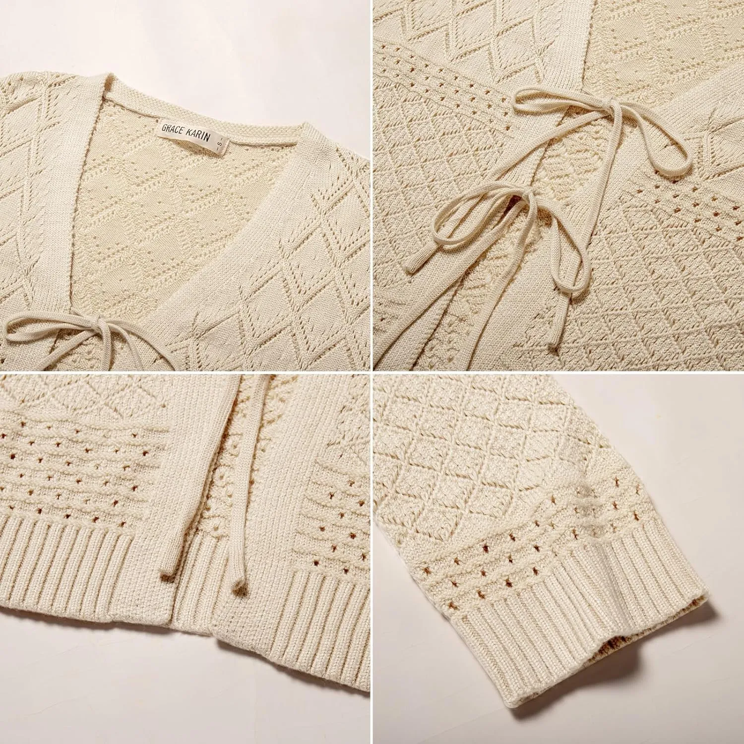 GRACE KARIN Tie Front Cardigan for Women Lightweight 3/4 Sleeve 2025 Summer Crochet Knit Bolero Shrug Sweater Top