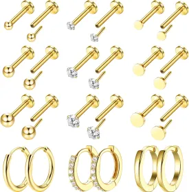 IRONBOX 12 Pairs Tiny Stud Hoop Earring 18K Gold Plated Stainless Steel Earring Sets for Multiple Piercing Small Threadless Flat Back Earrings Cartilage Hoop Earrings
