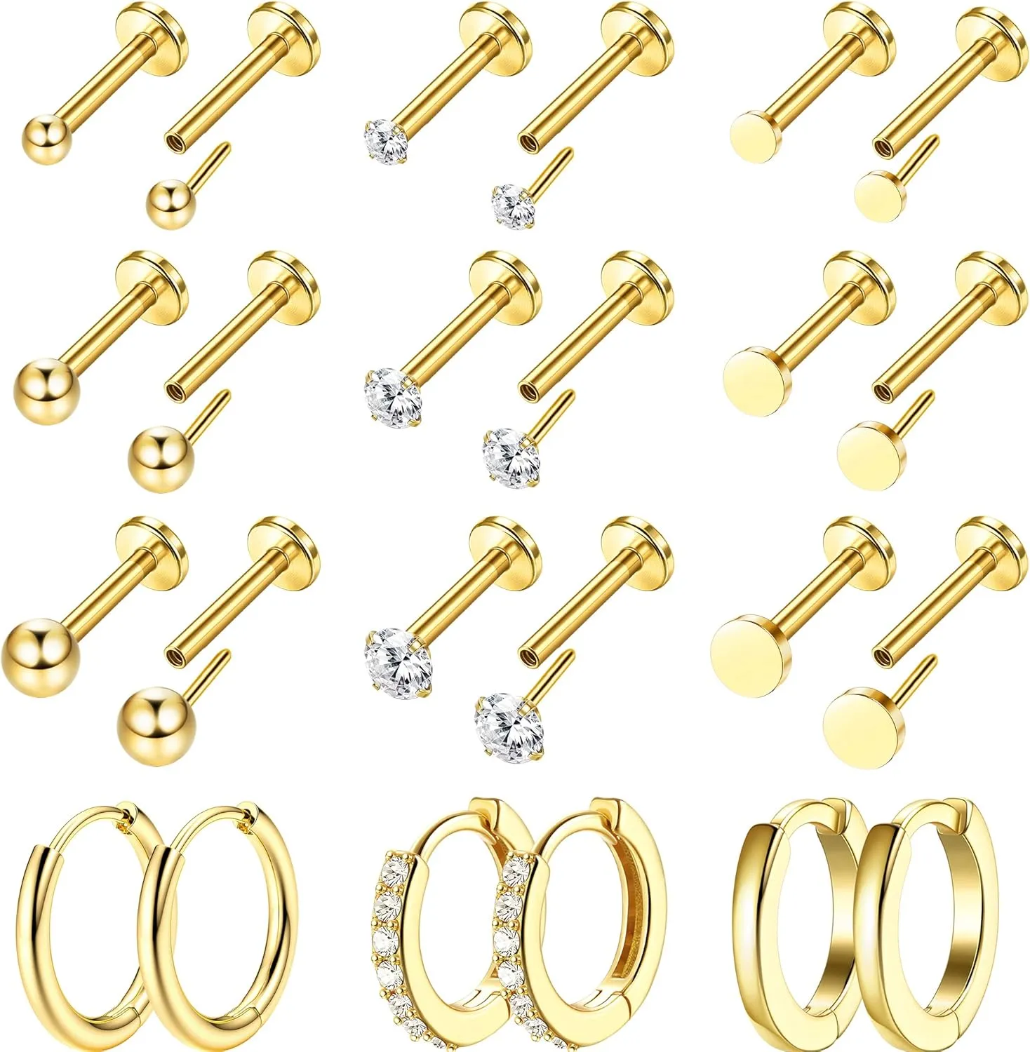 IRONBOX 12 Pairs Tiny Stud Hoop Earring 18K Gold Plated Stainless Steel Earring Sets for Multiple Piercing Small Threadless Flat Back Earrings Cartilage Hoop Earrings