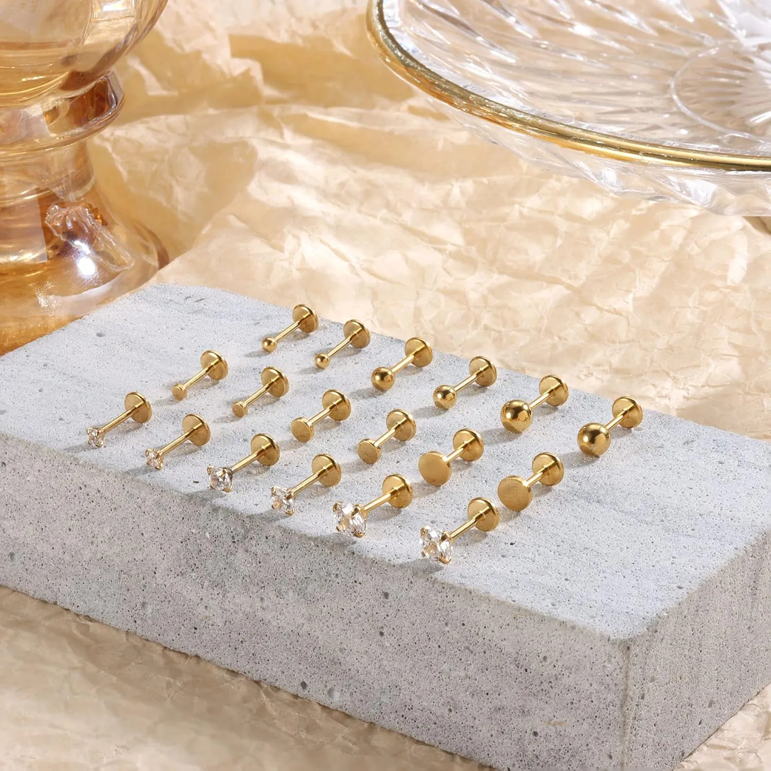 IRONBOX 12 Pairs Tiny Stud Hoop Earring 18K Gold Plated Stainless Steel Earring Sets for Multiple Piercing Small Threadless Flat Back Earrings Cartilage Hoop Earrings