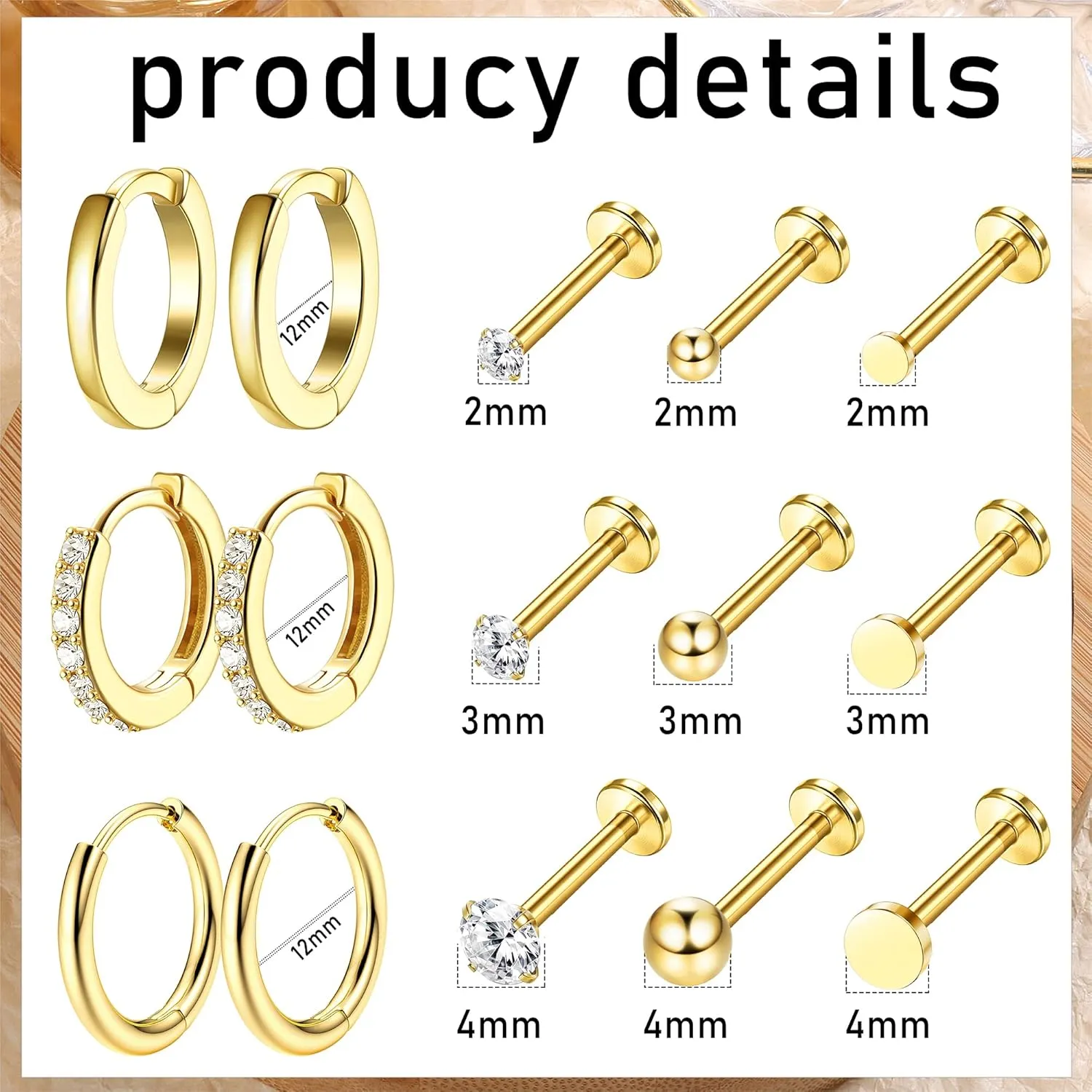 IRONBOX 12 Pairs Tiny Stud Hoop Earring 18K Gold Plated Stainless Steel Earring Sets for Multiple Piercing Small Threadless Flat Back Earrings Cartilage Hoop Earrings