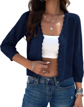 Kate Kasin Women's 2025 Cropped Cardigan Sweaters Trendy Lightweight 3/4 Sleeve Button Down Crochet Textured Shrugs Top