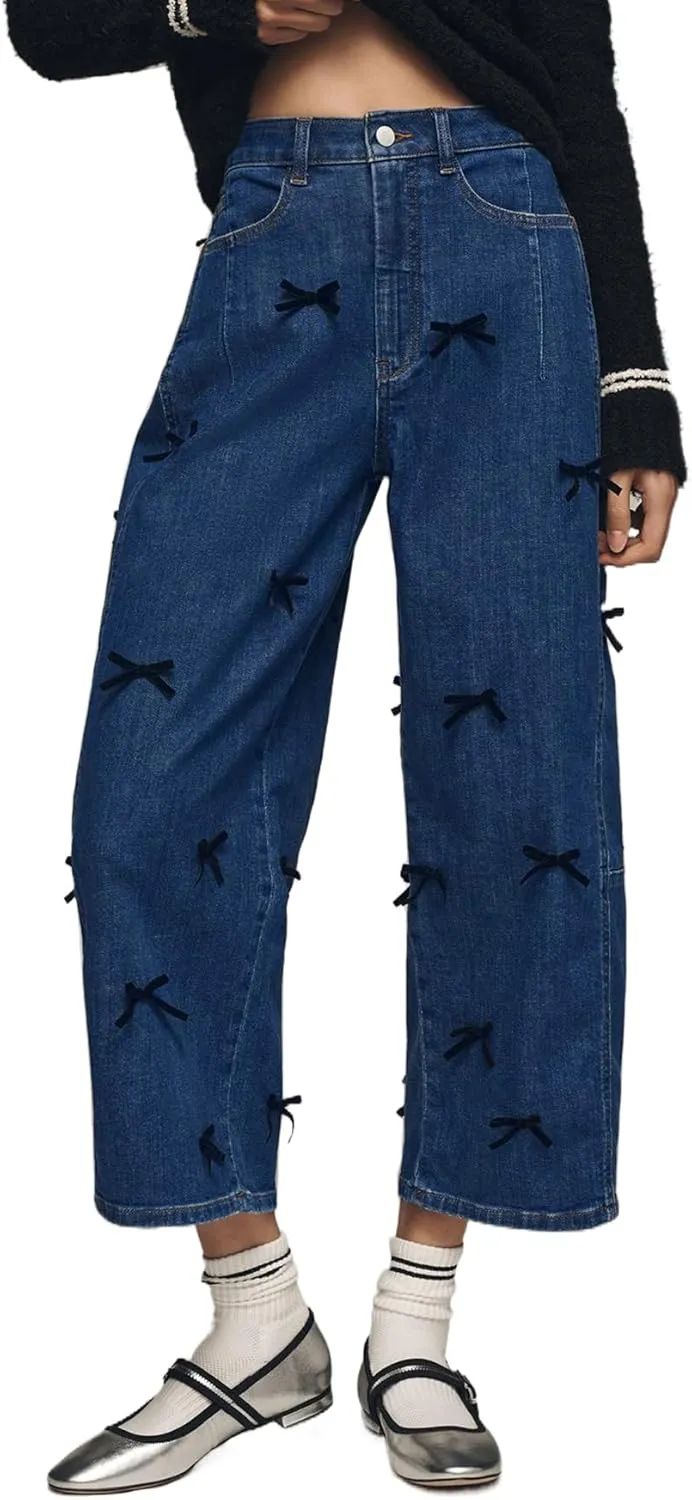 Kedera Mid Rise Barrel Jeans for Women Y2K Wide Leg Denim Pants Baggy Boyfriend Jeans with Bows