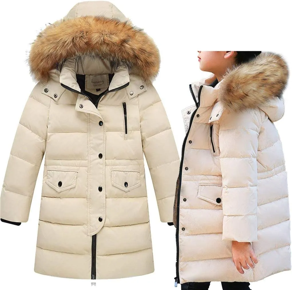 Kids Boys Girls Winter Coat Warm Parka Jacket with Fur Hood Padded Overcoat 6M-4T