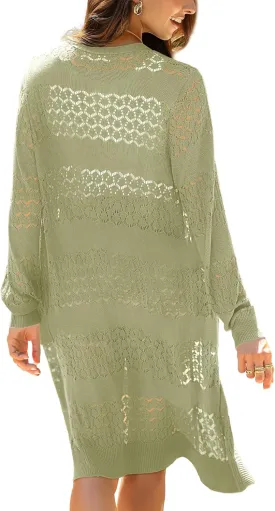 LYHNMW Women's Casual Lightweight Crochet Cardigan Sweater Long Sleeve Open Front Knitt Boho Beach Coverups with Pockets