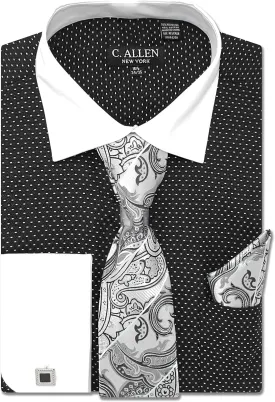 Men's Pin Dot Pattern Regular Fit French Cuffs Dress Shirts with Tie Hanky Cufflinks Combo