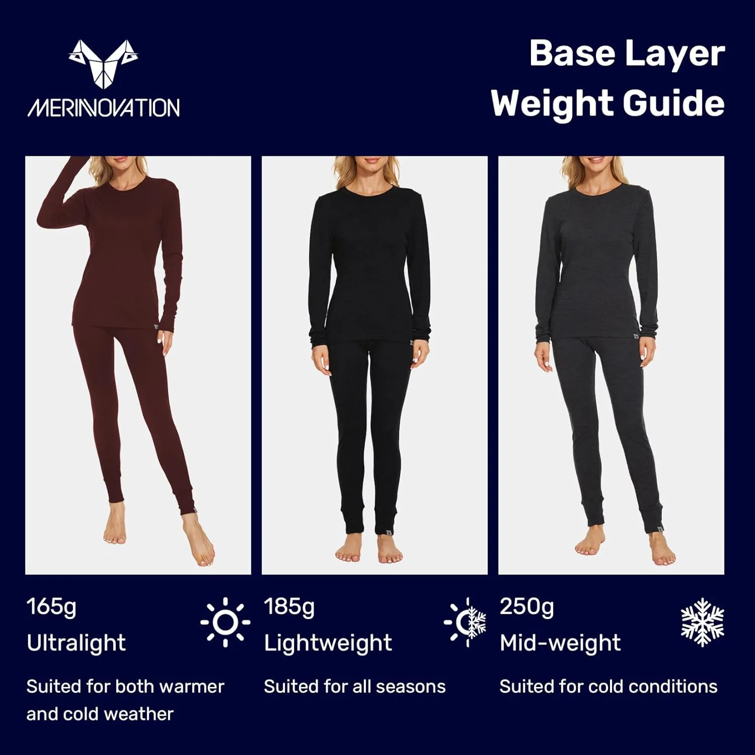 MERINNOVATION Merino Wool Base Layer Set for Women 100% Merino Wool Thermal Underwear Set