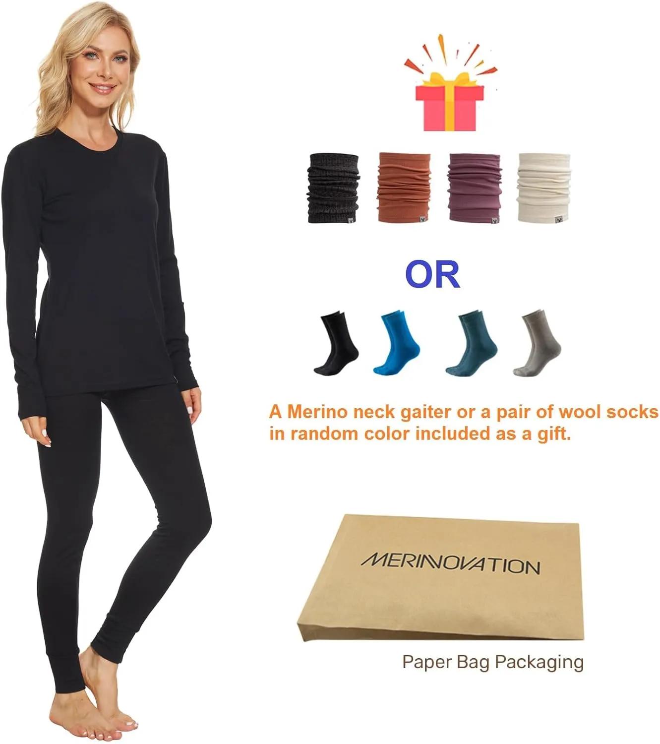 MERINNOVATION Merino Wool Base Layer Set for Women 100% Merino Wool Thermal Underwear Set