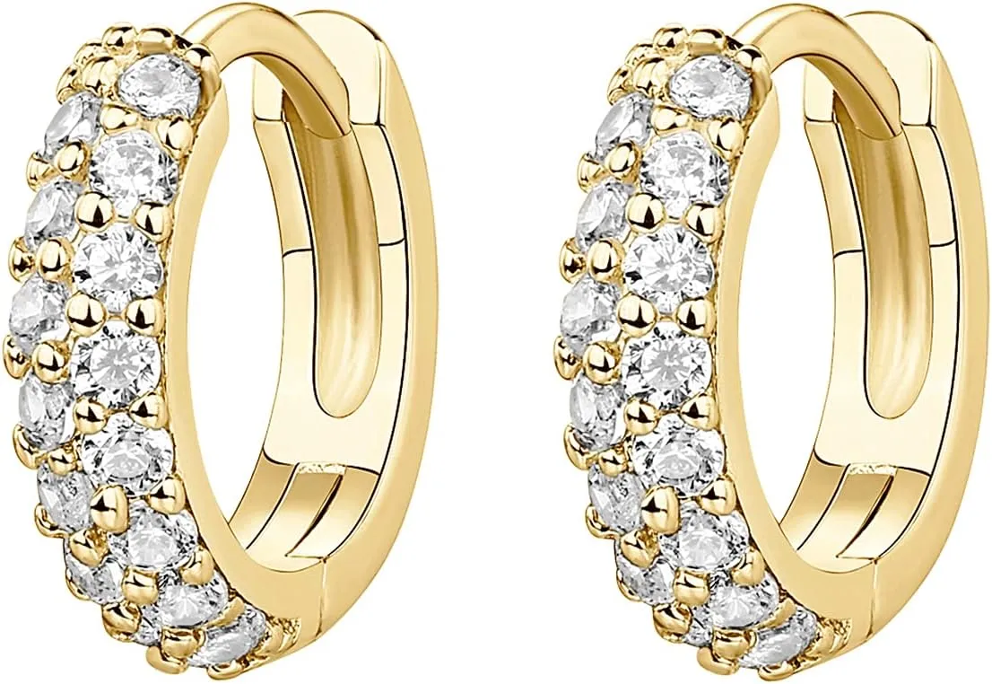PAVOI 14K Gold Plated Sterling Silver Post Cubic Zirconia Huggie Earrings | Small Round Huggie Stud Fashion Hoop Earrings for Women in Gold Plating