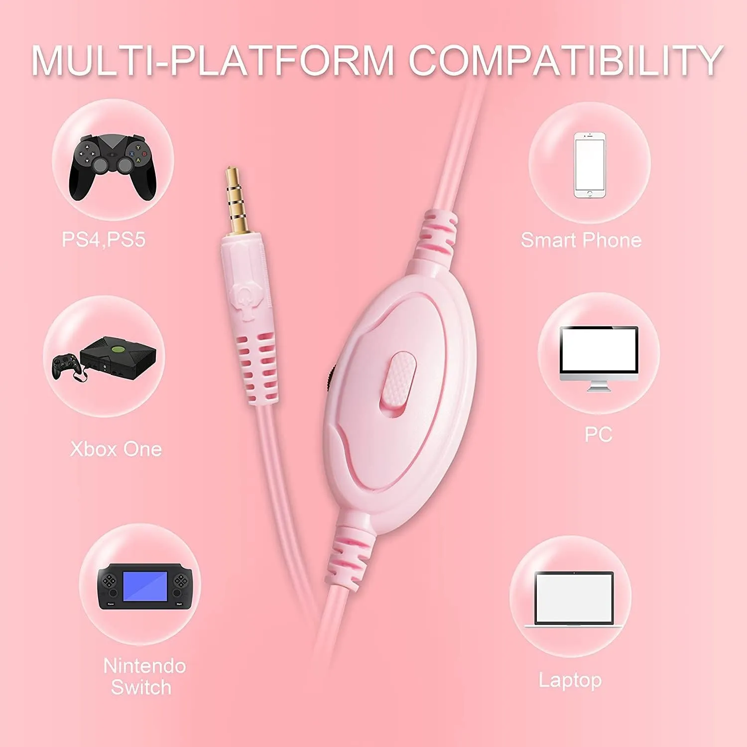 Pink Gaming Headset for Nintendo Switch, Xbox One, PS4,PS5, Bass Surround and Noise Cancelling with Flexible Mic, 3.5mm Wired Adjustable Over-Ear Headphones for Laptop PC iPad Smartphones