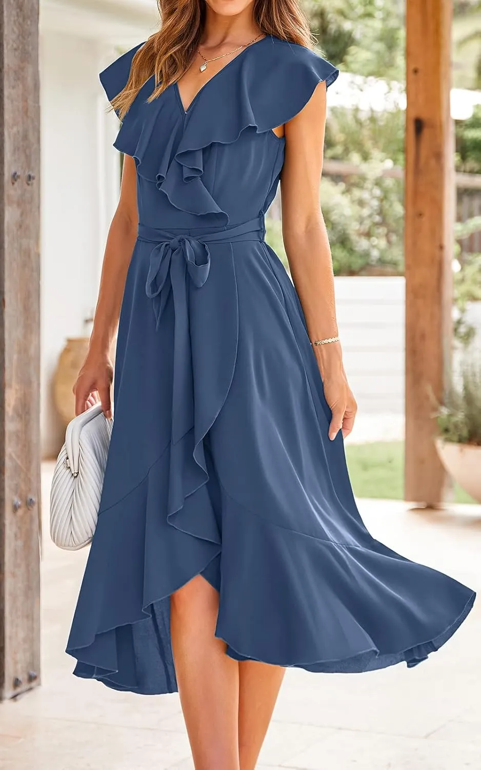 PRETTYGARDEN Women's 2025 Summer Cross Midi Dress Casual Boho Deep V Neck Short Sleeve Ruffle Hem Split Beach Long Dresses