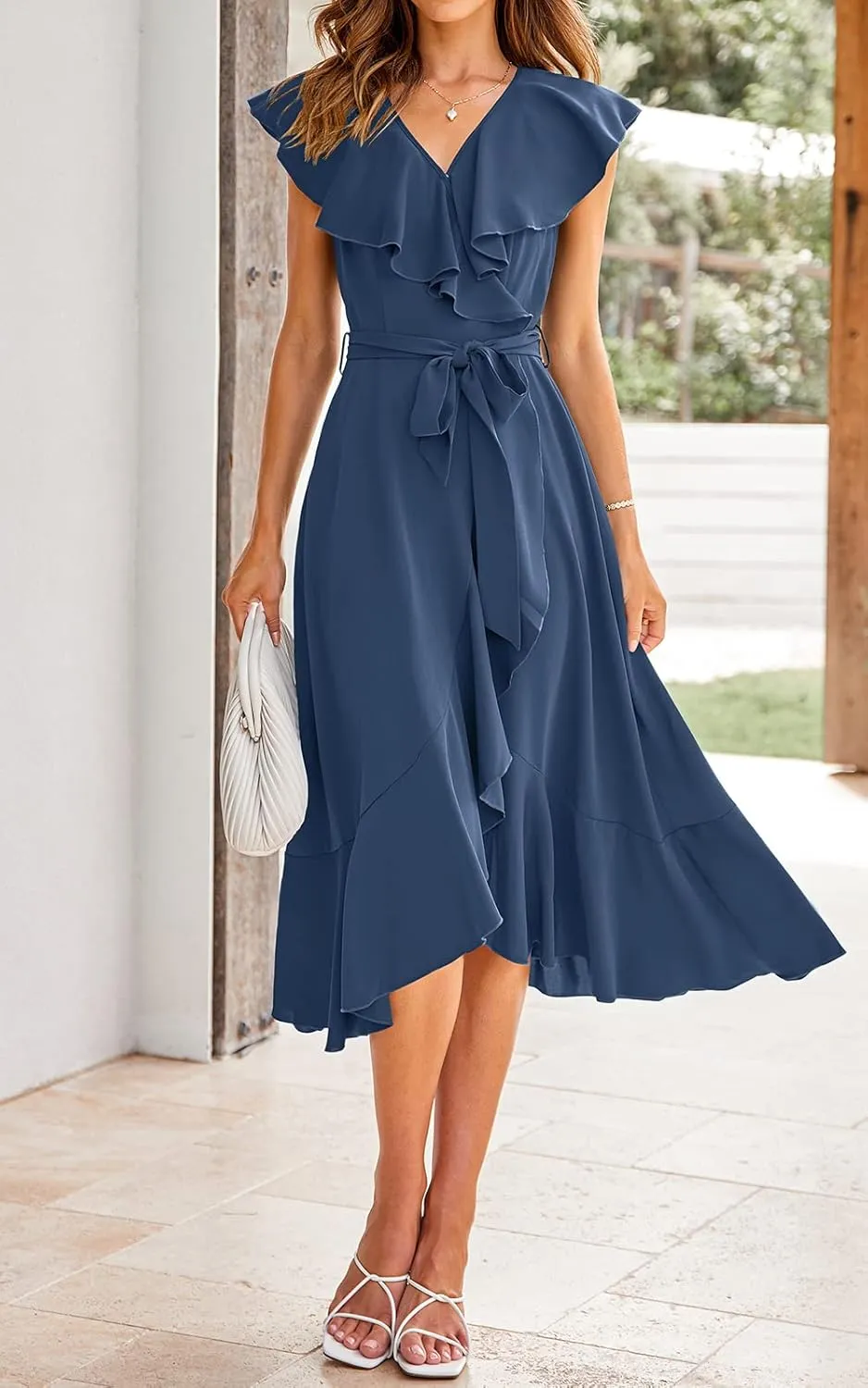 PRETTYGARDEN Women's 2025 Summer Cross Midi Dress Casual Boho Deep V Neck Short Sleeve Ruffle Hem Split Beach Long Dresses