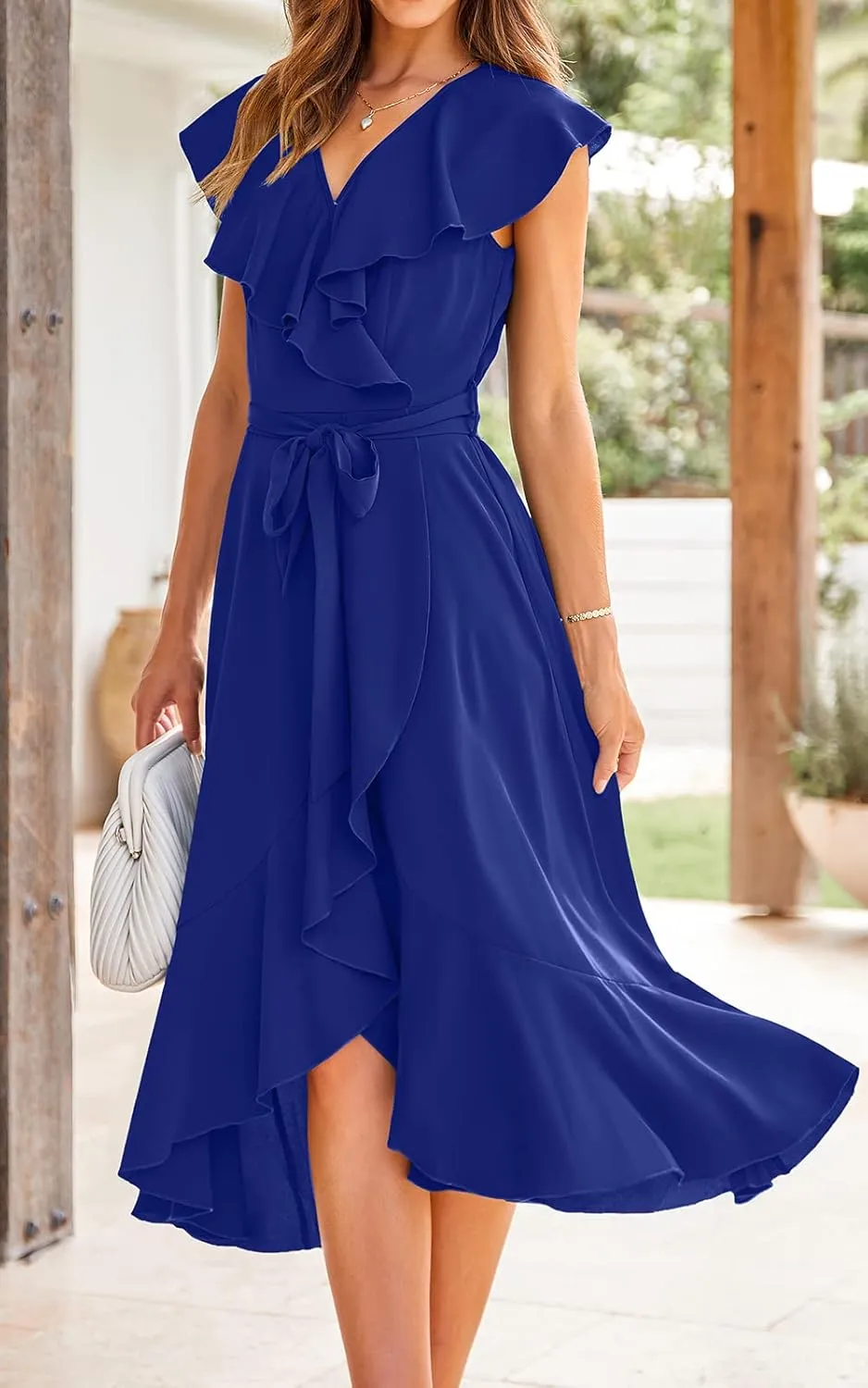 PRETTYGARDEN Women's 2025 Summer Cross Midi Dress Casual Boho Deep V Neck Short Sleeve Ruffle Hem Split Beach Long Dresses