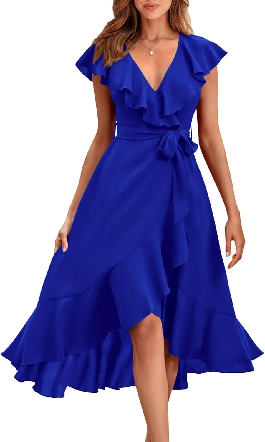 PRETTYGARDEN Women's 2025 Summer Cross Midi Dress Casual Boho Deep V Neck Short Sleeve Ruffle Hem Split Beach Long Dresses