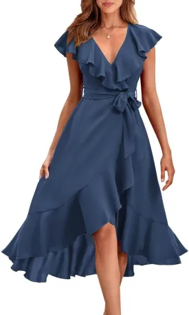 PRETTYGARDEN Women's 2025 Summer Cross Midi Dress Casual Boho Deep V Neck Short Sleeve Ruffle Hem Split Beach Long Dresses