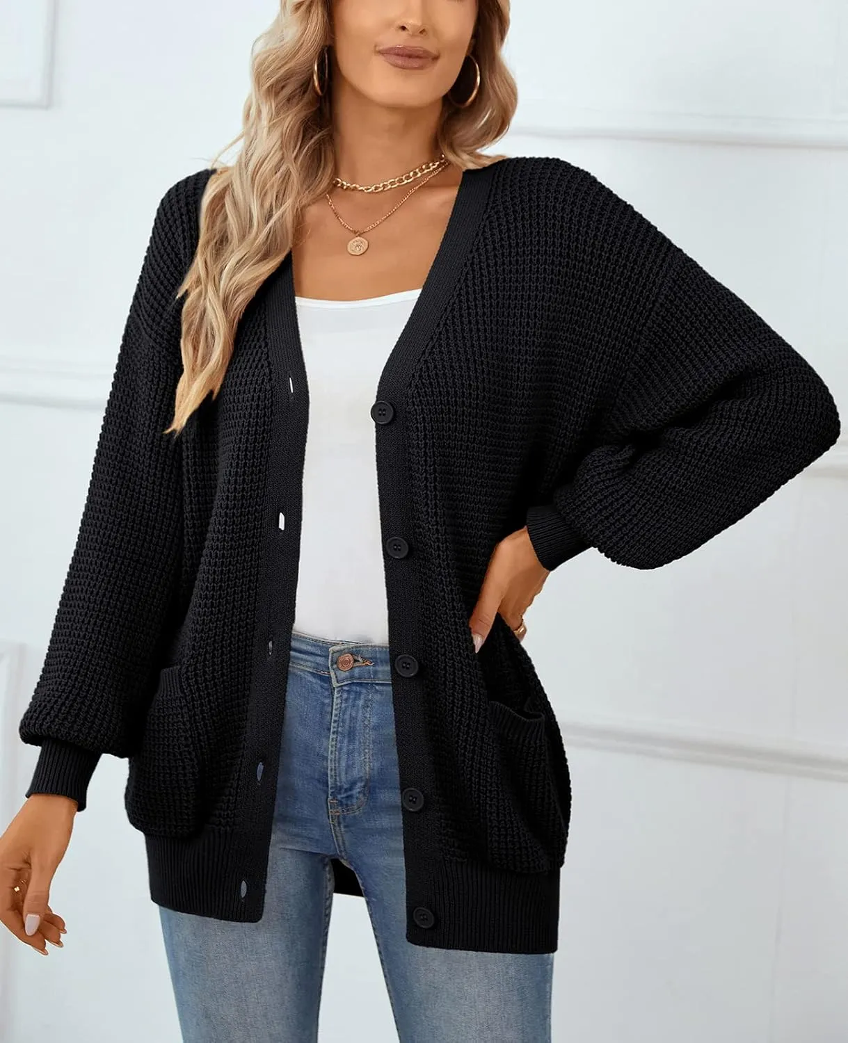 QUALFORT Women's Cardigan Sweater 100% Cotton Button-Down Long Sleeve Oversized Knit Cardigans with Pockets