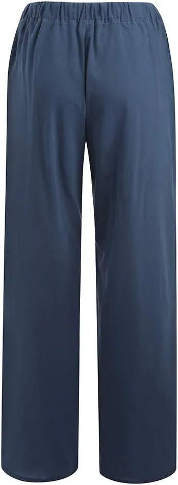 RKSTN Women's Cotton Linen Pants Summer Wide Leg Drawstring High Waist Palazzo Pant 2025 Casual Loose Trousers with Pockets