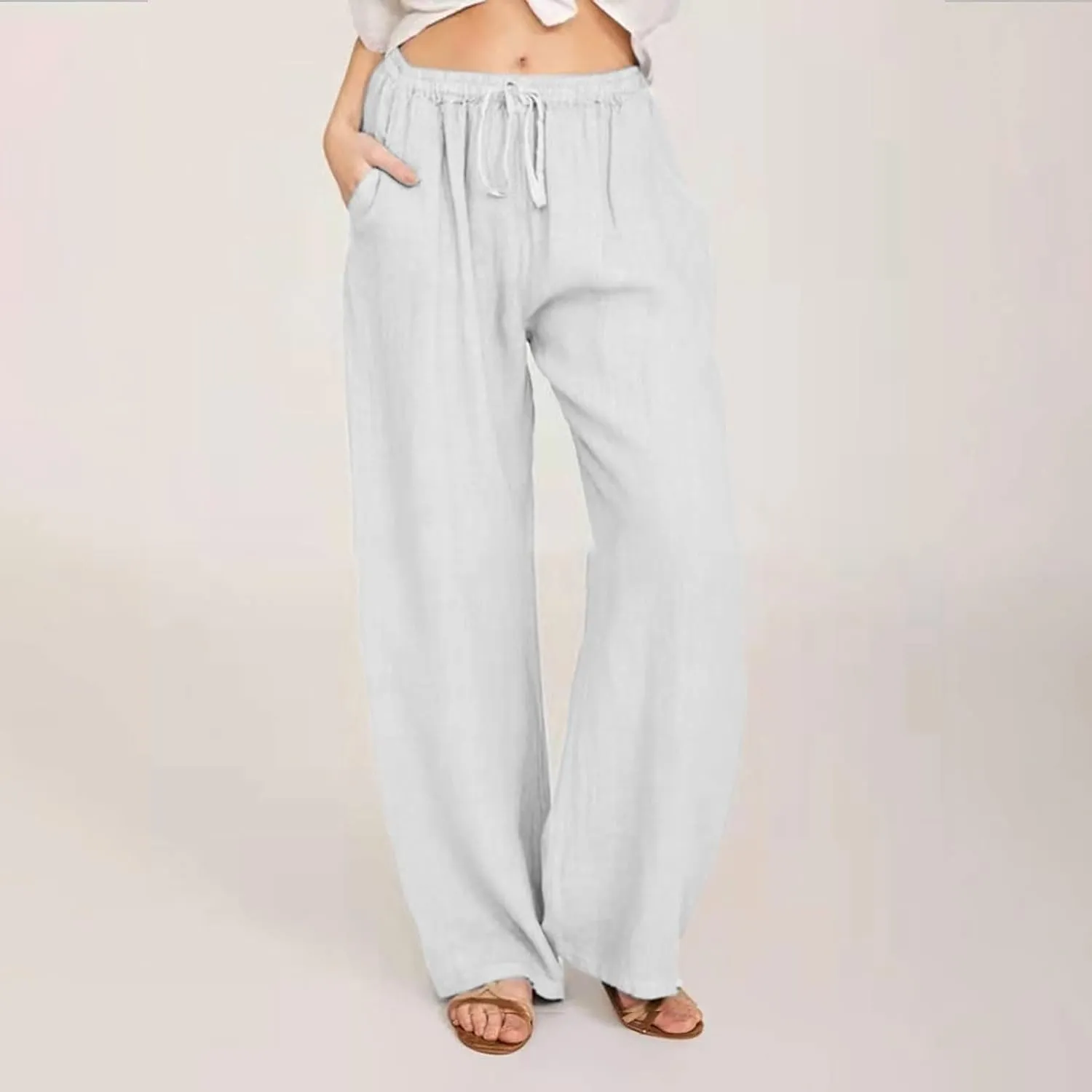 RKSTN Women's Cotton Linen Pants Summer Wide Leg Drawstring High Waist Palazzo Pant 2025 Casual Loose Trousers with Pockets