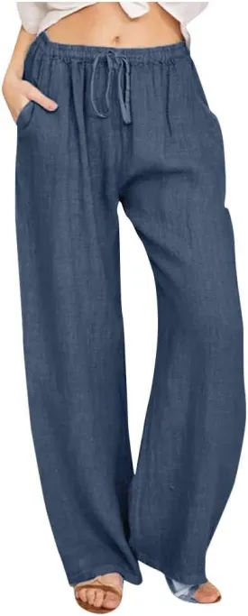 RKSTN Women's Cotton Linen Pants Summer Wide Leg Drawstring High Waist Palazzo Pant 2025 Casual Loose Trousers with Pockets