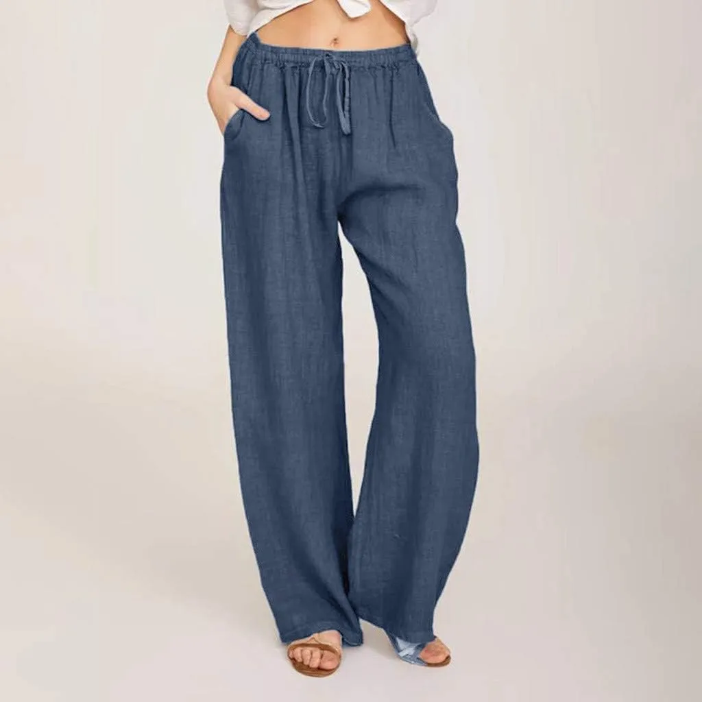 RKSTN Women's Cotton Linen Pants Summer Wide Leg Drawstring High Waist Palazzo Pant 2025 Casual Loose Trousers with Pockets