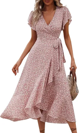 Summer Floral Dresses for Women 2025 Midi Wrap Dress V Neck Flutter Short Sleeve Ruffle Hem Tie Waist Beach Dresses