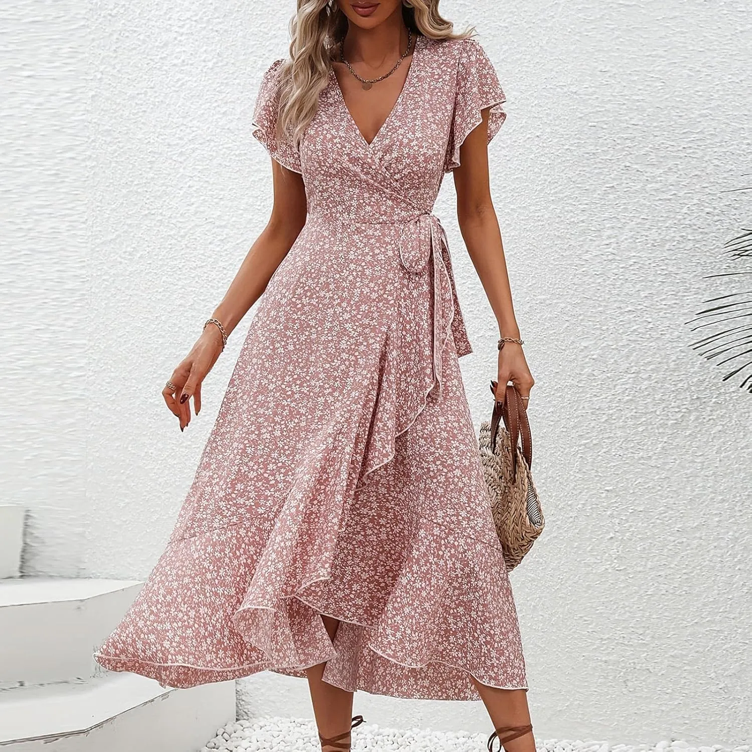 Summer Floral Dresses for Women 2025 Midi Wrap Dress V Neck Flutter Short Sleeve Ruffle Hem Tie Waist Beach Dresses