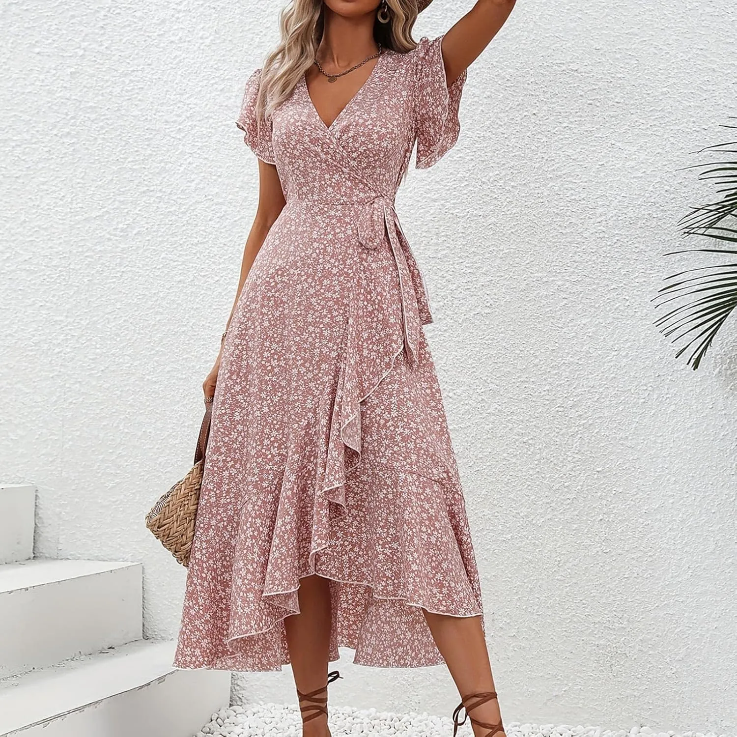 Summer Floral Dresses for Women 2025 Midi Wrap Dress V Neck Flutter Short Sleeve Ruffle Hem Tie Waist Beach Dresses