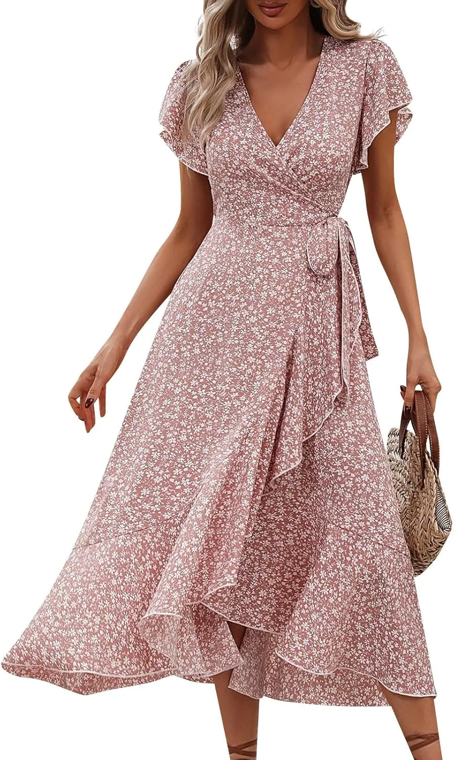 Summer Floral Dresses for Women 2025 Midi Wrap Dress V Neck Flutter Short Sleeve Ruffle Hem Tie Waist Beach Dresses