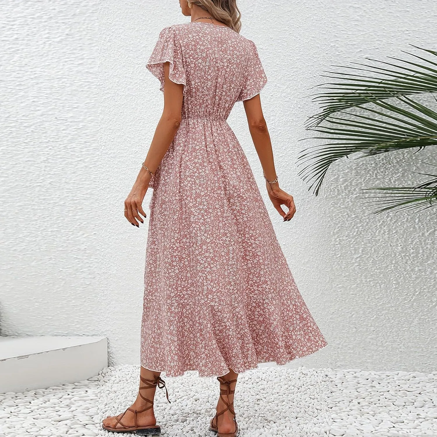 Summer Floral Dresses for Women 2025 Midi Wrap Dress V Neck Flutter Short Sleeve Ruffle Hem Tie Waist Beach Dresses