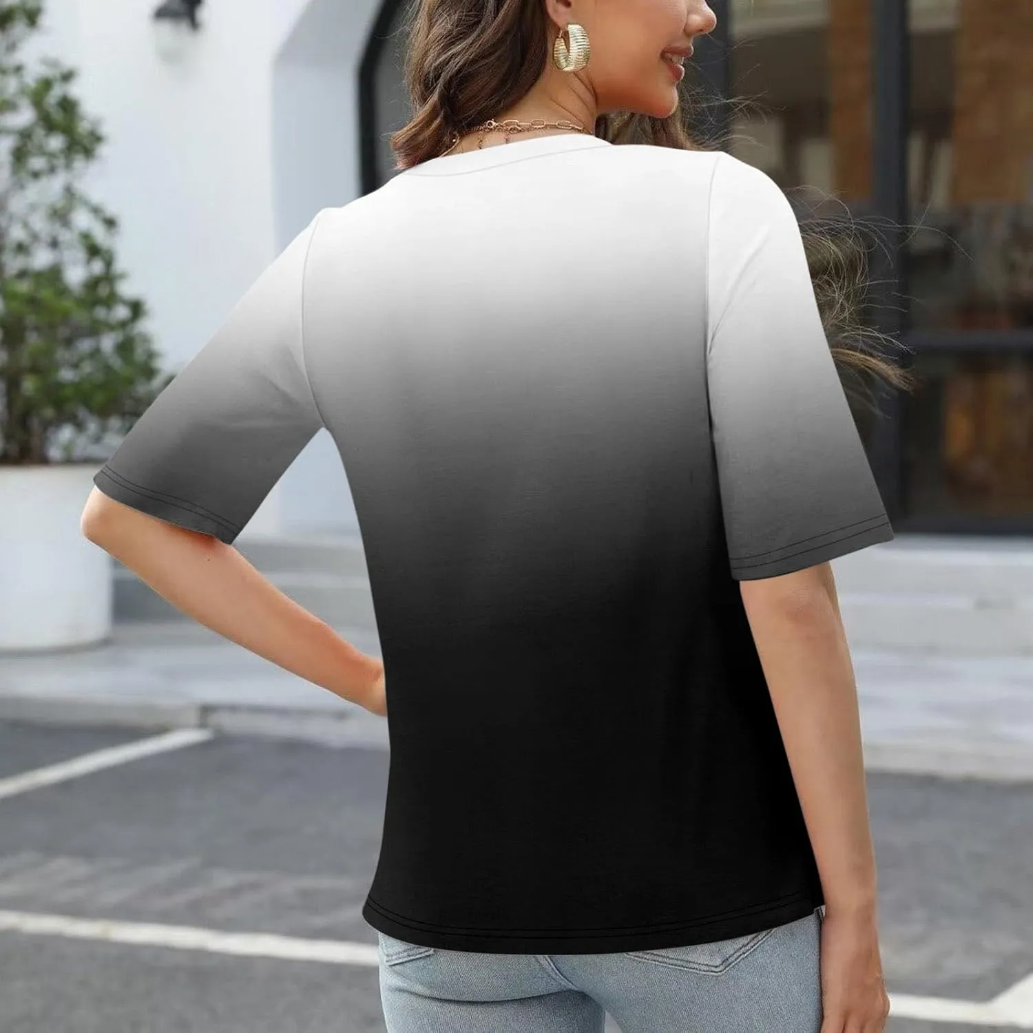 Summer Tops for Women 2025 Half Sleeve Top Printed V Neck Shirts Gradient Loose Fit Elbow Length Sleeve Blouse