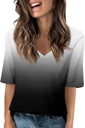 Summer Tops for Women 2025 Half Sleeve Top Printed V Neck Shirts Gradient Loose Fit Elbow Length Sleeve Blouse