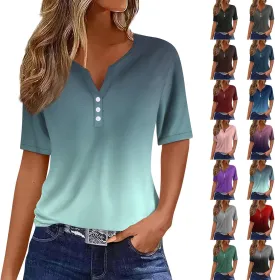 Summer Tops for Women 2025 Trendy Vacation Short Sleeve Button Vneck T Shirt Loose Fitted Boho Graphic Tees Fashion